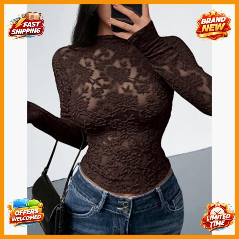 Mesh Long Sleeve Lace Top Slim Fit Crew Neck Sheer Party Club - Picture 6 of 7